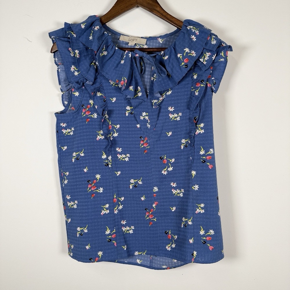 Loft Sleeveless Blouse Tank‎ Blue Floral Ruffle Women's Small Career